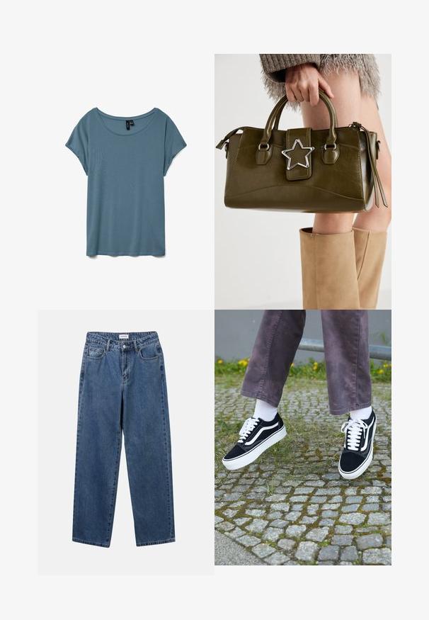 T-shirt met scoop neckline en korte mouwen in een gedempte blauwe kleur. Gemaakt van zachte, lichte stof met een gladde textuur en een ontspannen pasvorm.; Klassieke blauwe denim jeans met een rechte pijp, vijf zakken en een knoopsluiting. Heeft een middelgrote wasbeurt en stevige textuur.; Zwarte suède sneakers met witte accenten, met een ronde neus, dikke witte zool en klassieke vetersluiting, gedragen met witte sokken en paarse broek.; Olijf groen neplederen handtas met zilveren steraccent, dubbele handvatten en een ritssluiting. Gelaagd oppervlak en gestructureerde vorm.