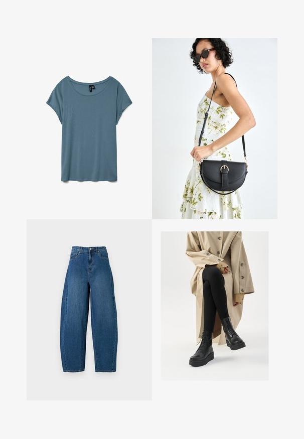 Majica kratkih rukava s izrezom u obliku lopatice u umirujućoj plavoj boji. Izrađena od mekog, laganog materijala s glatkom teksturom i opuštenim krojem.; Traperice u srednjem plavom pranju, s visokim strukom, širokim nogavicama i standardnim dizajnom s pet džepova, s vidljivim detaljima šivanja.; Crne kožne gležnjače s detaljima vezanja, podignutom platformom, i teksturiranim crnim tajicama, nosi se uz svijetlu bež trench kapu.; Crna kožna torba s lukovitim oblikom, odvojivim remenom i zlatnim detaljima. Torba ima preklop s kopčom.