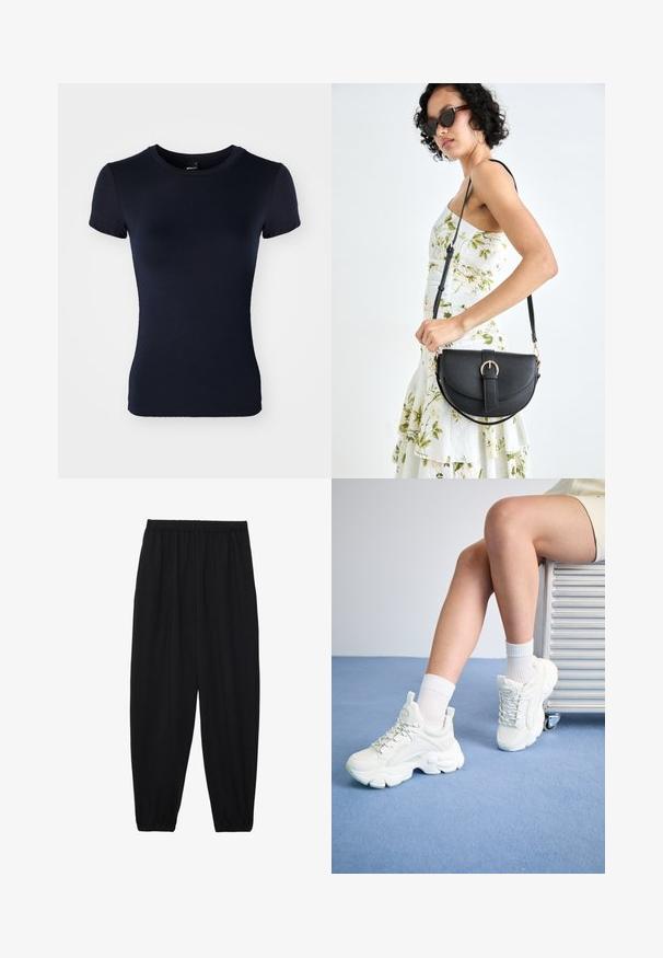 Temno modra majica s kratkimi rokavi, izdelana iz gladkega, raztegljivega blaga. Ima okroglo ovratnik in prilegajoč silhueto. Brez vzorcev ali dodatkov.; Črne, lahke hlače z elastičnim pasom in nabranimi gležnji. Tkanina je gladka in ima sproščen, taperiran dizajn.; Bele čipkaste športne superge s masivnim podplatom, izdelane iz gladkega sintetičnega materiala, z teksturiranimi detajli in zanko na peti.; Črna usnjena torbica s ukrivljeno obliko, z odstranljivo naramnico in zlatimi dodatki. Torbica ima pokrov s podrobnostmi v obliki zaponke.