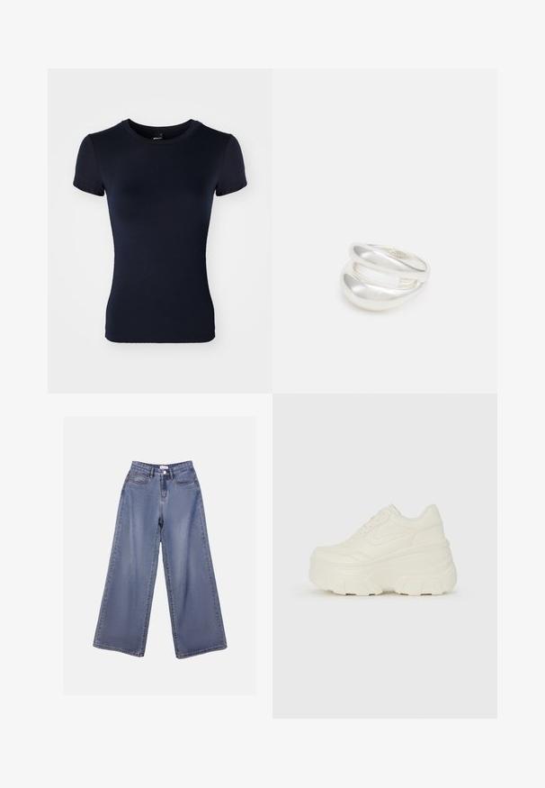 Mornarče plava majica s kratkim rukavima izrađena od glatkog, rastezljivog materijala. Ima okrugli izrez i uski kroj. Bez uzoraka ili detalja.; Široke traperice u svijetloplavom izbljeđenom tonu, s visokim strukom, prednjim džepovima i zakovicom s petljama za remen.; Bijele platformske tenisice s glatkim gornjim dijelom koji nalikuje koži, zaobljenim oblikom, podstavljenim okvirom i teksturiranim gumeni potplat s definiranom profilacijom.; Srebrna dvostruka prsten s glatkom, poliranom površinom. Karakterizira ga fluidan, zakrivljen dizajn s preklapajućim sekcijama za moderan izgled.