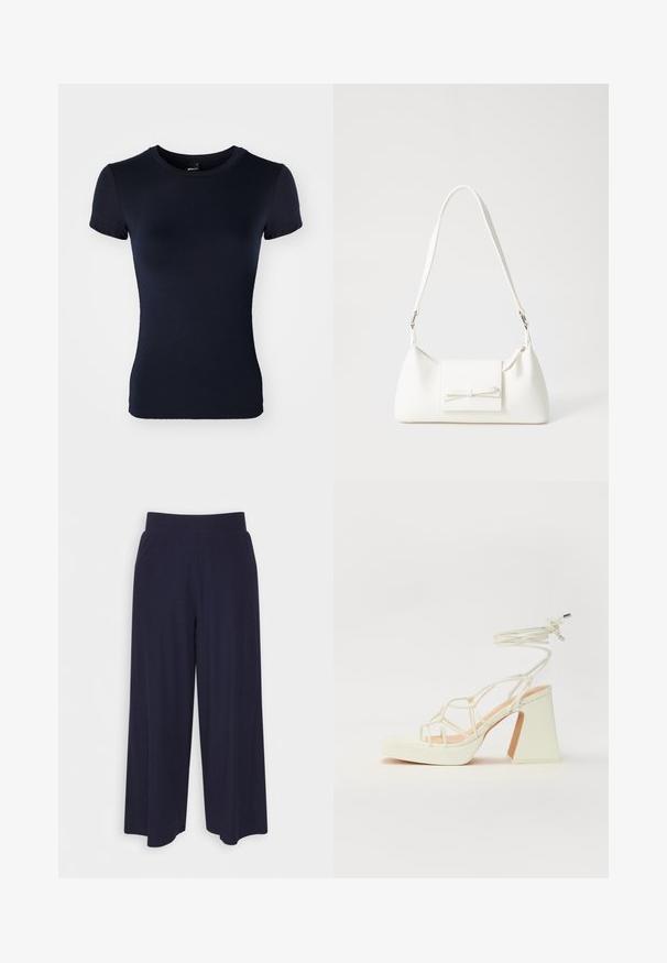 Navyblaues T-Shirt mit kurzen Ärmeln, hergestellt aus glattem, elastischem Stoff. Verfügt über einen Rundhalsausschnitt und eine schmale Silhouette. Keine Muster oder Akzente.; Weit geschnittene Hosen aus dunkelnavy Stoff mit strukturiertem Rippendesign. Merkmale sind ein glatter Hosenbund und eine luftige Silhouette, die bis zur Mitte der Wade reicht.; Weiße High-Heel-Sandale mit einem klobigen Absatz, die über ein Riemchendesign und ein Knöchelband verfügt. Glatte Textur mit einer Plattform vorne für zusätzliche Höhe.; Weiße synthetische Handtasche in dreieckiger Form, flache Vorderklappe und Schleifendetail, verstellbarer Trageriemen, glatte Textur und minimalistisches Design.