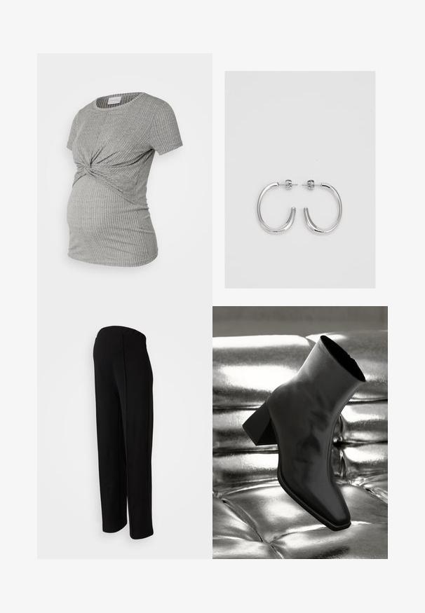 MAMALICIOUS MLANLI JUNE - Printtipaita - oatmeal melange; Mustat, korkeavyötäröiset housut suoralta istuvalta leikkaukselta, joissa on sileä pinta ja ei näkyviä kiinnityksiä, korostettuna sivusauman yksityiskohdilla.; Musta nilkkuri, joka on valmistettu kiiltävästä materiaalista, jossa on neliömäinen kärki ja kapeahko kanta, asetettuna kiiltävän hopean tuftatun taustan eteen.; Hopehopeet hopehopeet hopehopeet hopehopeet, jolla on sileä, kiiltävä pinta. Pyöreä muoto, kevyt rakenne, jossa on neulakiinnitys.