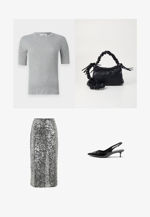Grijze shirt met korte mouwen, gemaakt van ribbelstof. Heeft een ronde halslijn en een getailleerd ontwerp met schone randen en minimale details.; Zilveren pailletten kokerrok met een nauwsluitend ontwerp, kniehoogte en een gladde textuur. Voorzien van een onzichtbare ritssluiting aan de achterkant.; Zwarte leren slingbackhakken met een spitsen neus, lage kittenhak en geplooide details op het bovendeel. Gladde textuur en minimalistisch ontwerp.; Zwarte nepleer handtas met een krokodillenstructuur, opgedroogde bovenkant en een gekreukte hengsel. Het lijkt zacht en compact van ontwerp.
