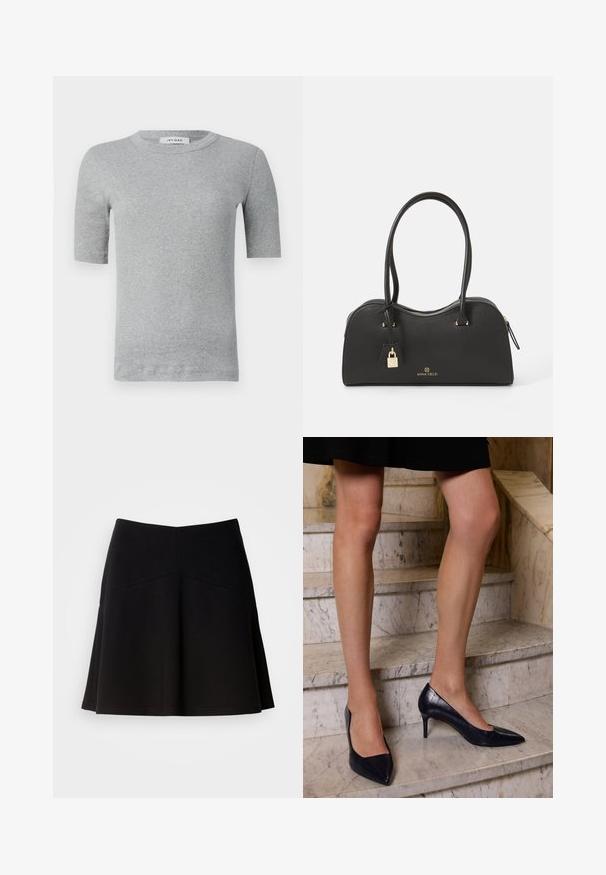 Šedé tričko s krátkým rukávem vyrobené z žebrované tkaniny. Má kulatý výstřih a přiléhavý střih s čistými okraji a minimálním zdobením.; Černá rozšířená sukně vyrobená z jemné látky, s přiléhavým pasem a švem. Hladká textura s jednoduchým, klasickým designem.; Náměsíčkové modré lodičky na vysokém podpatku s špičatou špičkou, s hladkým a texturovaným povrchem, který připomíná krokodýlí kůži.; Černá kabelka vyrobená z texturovaného syntetického materiálu s zakřiveným designem, zlatou kovovou akcentací, dvěma uchy a odnímatelným zámkem.