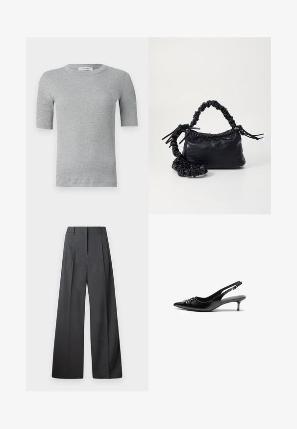 Grå kortärmad skjorta i ribbat tyg. Har rund halsringning och en åtsittande design med rena kanter och minimal detaljer.; Vida byxor i mörkgrått tyg, med hög midja, enkla veck och en mjuk yta med en ren finish vid fållen.; Svarta läder slingback klackar med spetsig tå, liten kittenklack och en dekorativ knutdetalj på framsidan. Slät textur hela vägen.; Svart faux läderhandväska med krokodiltextur, snodd topp och en skrämd rem. Ser mjuk och kompakt ut i designen.