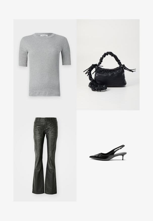 Gray short-sleeve shirt made from ribbed fabric. Features a round neckline and a fitted design with clean edges and minimal detailing.; Black faux leather flared jeans with front pockets, a metal button closure, and a slightly textured surface. Straight leg with a long cut.; Black leather slingback heels with a pointed toe, small kitten heel, and a decorative knot detail on the front. Smooth texture throughout.; Black faux leather handbag with a crocodile texture, cinched top, and a scrunched strap. Appears soft and compact in design.