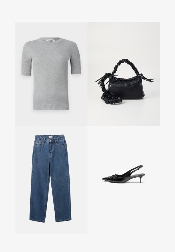 Maglietta grigia a maniche corte realizzata in tessuto a coste. Presenta un collo rotondo e un design aderente con bordi puliti e dettagli minimali.; Jeans in denim blu classico con design a gamba dritta, cinque tasche e chiusura con bottone. Presentano un lavaggio medio e una trama robusta.; Tacchi slingback in pelle nera con punta affusolata, piccolo tacco kitten e un dettaglio a nodo decorativo sulla parte anteriore. Texture liscia su tutta la superficie.; Borsa a tracolla in ecopelle nera con texture a coccodrillo, apertura cinchata e tracolla arricciata. Si presenta con un design morbido e compatto.