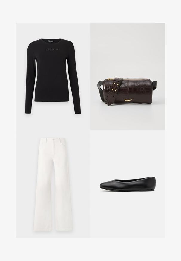 Black long-sleeve t-shirt made from cotton, featuring a round neckline and small white logo text on the chest. Smooth texture.; White, high-waisted wide-leg jeans made of denim. Features a button closure, two front pockets, and side seams with stitching details.; Paul Smith TOPANGA - Ballet pumps - black; Brown crocodile-embossed leather bag with a cylindrical shape, gold-tone hardware, and a detachable strap featuring studs.