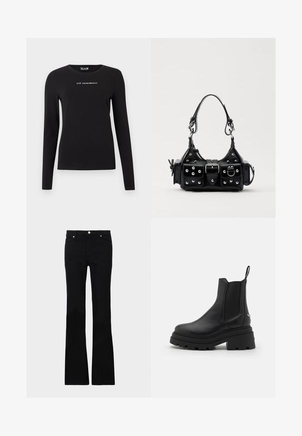 Juoda ilgomis rankovėmis medvilninė marškinėliai, suapvalintu kaklu ir mažais baltais logotipo tekstais ant krūtinės. Lygus paviršius.; Juodi plačios kojų džinsai, pagaminti iš denimo, turintys dvi priekinės kišenes, užsegimą su mygtuku ir lygią tekstūrą. Išsiuvinėjimas matomas siūlėse.; Juodi Chelsea batai, pagaminti iš lygaus odos, su elastingais šonų paneliais, storu, grotuotu guminio pado ir su traukimo įrankiu gale.; Juodas odinis rankinukas su kreiviu dizainu, su sidabro spalvos knopkėmis, užsegimu ir dviem šoninėmis kišenėmis. Reguliuojama dirželis nešimui.