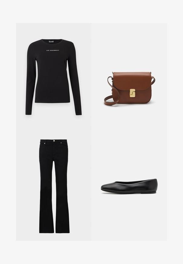 Black long-sleeve t-shirt made from cotton, featuring a round neckline and small white logo text on the chest. Smooth texture.; Black flared jeans made of denim, featuring two front pockets, a button closure, and a smooth texture. Signature stitching visible at seams.; Paul Smith TOPANGA - Ballet pumps - black; Brown leather handbag with a flap closure, gold-tone hardware, a shoulder strap, and a smooth texture. Compact rectangular shape.