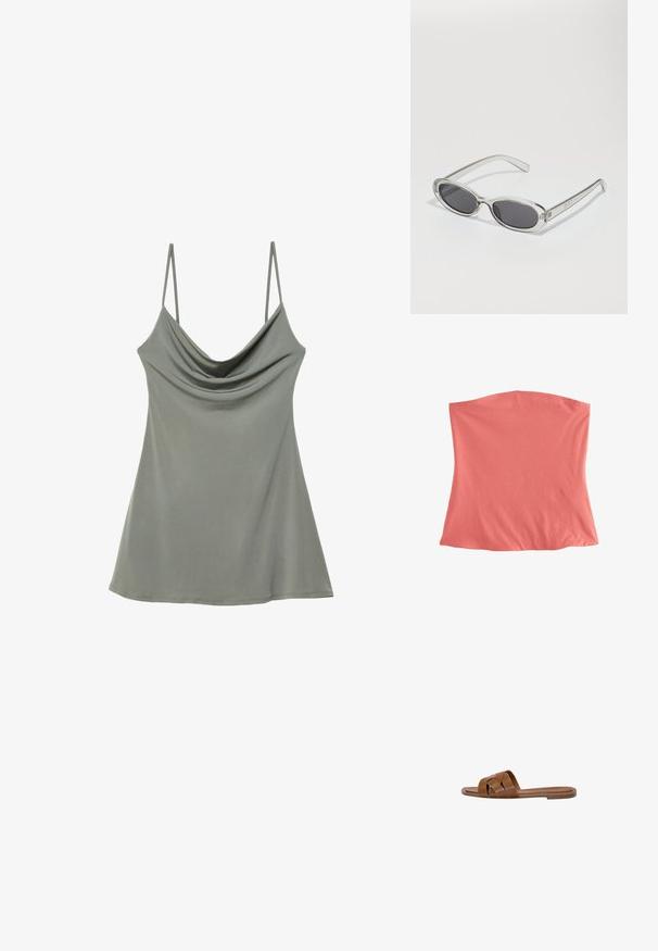 Top z elastické látky v korálové barvě s jednoduchým, trubkovým designem. Měkká textura, žádné viditelné švy nebo detaily, vhodný pro vrstvení.; Pohodlný šedý top bez rukávů s tenkými nastavovacími ramínky, vyrobený z měkké látky, s volným střihem a hladkým povrchem.; Hnědé kožené skluzné sandály s kříženými pásky, plochou podrážkou a hladkým povrchem. Jednoduchý design bez ozdob a vzorů.; Sluneční brýle s oválným tvarem, průhledným plastovým rámem, tmavě šedými skly a tenkými průhlednými stranami s akcenty loga a minimálními detaily.; Hnědá kožená crossbody taška s logem, zlatým řetízkem, zipovým uzávěrem a zlatými akcenty. Kompaktní a obdélníkový tvar.