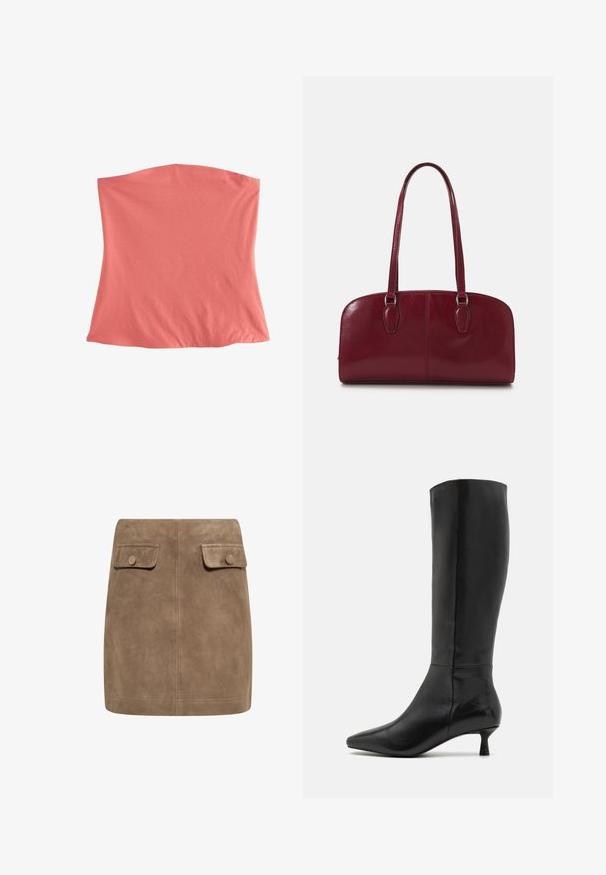 Coral-toned, stretchy fabric top with a simple, tubular design. Soft texture, no visible seams or accents, suitable for layering.; Brown suede mini skirt with a smooth texture, featuring two front flap pockets and button closures on each side. Simple, straight design.; Zign Boots - black; Zign LEATHER - Handbag - dark red