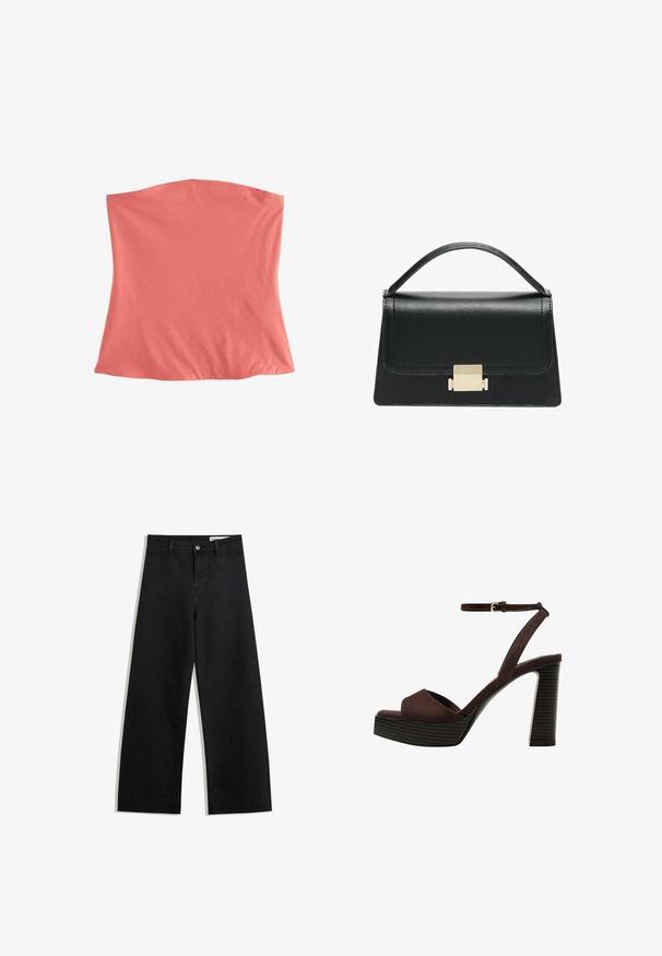 Koraalkleurige, rekbare stoftop met een eenvoudig, buisvormig ontwerp. Zachte textuur, geen zichtbare naden of accenten, geschikt voor lagen.; Zwarte denim broek met wijde pijpen en een hoge taille, voorzien van voor- en achterzakken, gestikte naden en een knoopsluiting. Gladde textuur.; Bruine suède high-heeled sandaal met een open teen, verstelbare enkelband en een gestreepte plateauzool.; Zwarte lederen handtas met een gestructureerd ontwerp, bovenhandgreep en een gouden metalen sluitingdetails aan de voorkant. Gladde textuur, minimale stiksels.