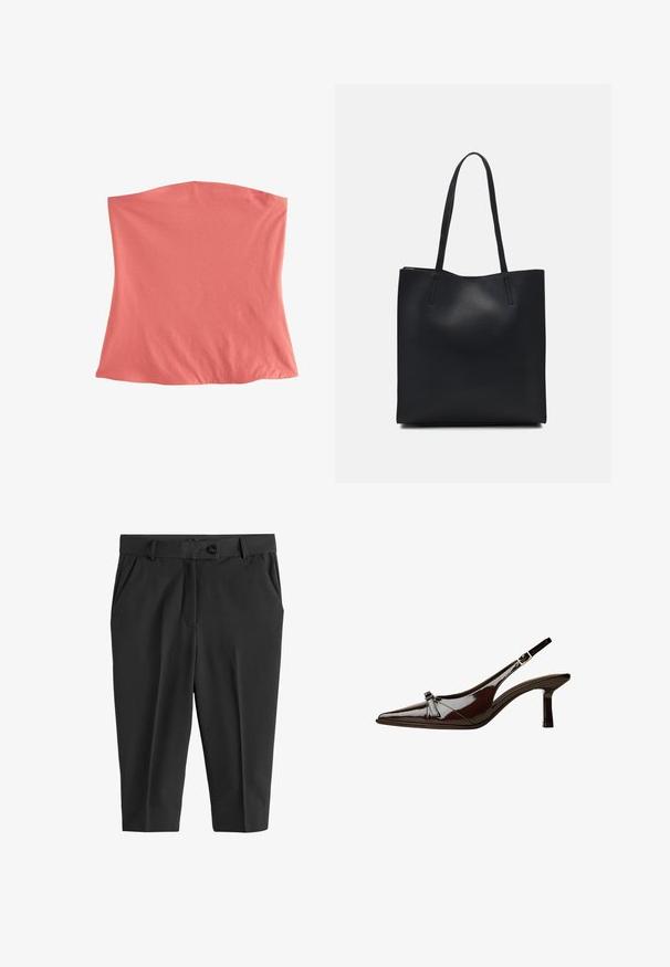 Top in tessuto elastico color corallo con un design semplice e tubolare. Texture morbida, senza cuciture o dettagli visibili, adatto per essere indossato a strati.; Pantaloni neri su misura con pieghe frontali, chiusura a bottone e tasche laterali. Tessuto liscio con lunghezza cropped e silhouette slanciata.; Scarpa slingback in pelle verniciata marrone con punta appuntita, tacco basso e un accentuato fiocco decorativo nella parte anteriore. Texture liscia e lucente.; Borsa tote in pelle nera con texture liscia, forma rettangolare e due manici lunghi. Nessun hardware o decorazione visibile.
