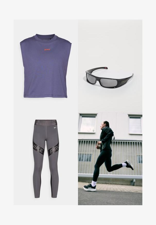 Violetinė trumpa beRankovė marškinėlių sukulnių, pagaminta iš minkštos medžiagos, su apvaliu kaklu ir žodeliu "BORO" oranžinėmis raidėmis priekyje.; Pilki sportiniai legginai su tekstūruotu juodu "NIKE PRO" elastingu diržu ir šoninėmis detalėmis, pasižymintys lygiu audiniu ir prigludusia forma.; Juodas sportinis švarkas su neoninėmis detalėmis, juodos leginsai ir juodi bėgimo batai su baltais padais, prieš šviesiai pilką foną.; Juodos Oakley apvalios saulės akinių su tamsiais stačiakampiais objektyvais ir kreivomis rankenomis ant paprasto balto fono.