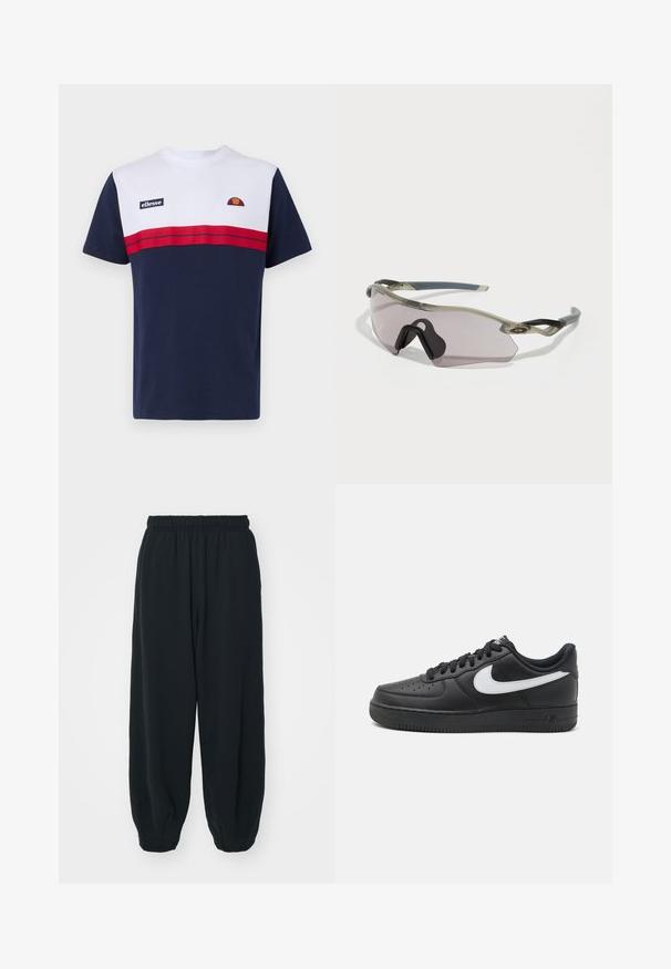 Men's t-shirt in navy blue, featuring a white upper panel with red horizontal stripes, logo patch, and a classic crew neckline. Soft cotton blend.; Black, elasticated-waist sweatpants with a loose fit, cuffed ankles, smooth texture, and no visible patterns or hardware accents.; Black Nike Air Force 1 sneakers with a smooth leather upper, white logo accent, perforated toe, and textured rubber sole.; Sunglasses with a translucent gray frame, tinted lenses, and angular design. Features a distinctive nose piece and textured dark gray temple arms.