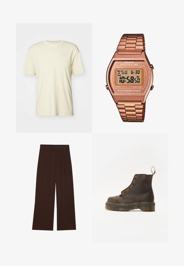 Krótki rękaw, kremowy t-shirt wykonany z miękkiej bawełny, z okrągłym dekoltem i małym logo nadrukowanym w jasnym kolorze na klatce piersiowej.; Jasnobrązowa, długosleeve koszula z guzikami i kołnierzykiem, wykonana z teksturowanej tkaniny. Posiada małe logo na klatce piersiowej.; Brązowe spodnie szerokie z plisami. Wykonane z gładkiego materiału, z dopasowanym pasem i kieszeniami bocznymi. Prosty zakład na dole.; Brązowy skórzany botek do kostki z okrągłym noskiem, kontrastującym żółtym przeszyciem, dekoracyjnymi metalowymi oczkami i żłobioną gumową podeszwą.; Cyfrowy zegarek Casio z różowo-złotą metalową bransoletą, prostokątną kopertą, podświetlanym wyświetlaczem i wodoodpornością, pokazujący czas i datę.