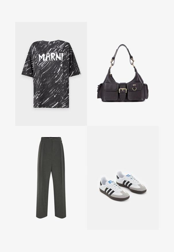 Camiseta de algodón negra de corte oversized con un patrón a rayas blancas y el logo "MARNI" prominentemente exhibido en la parte posterior. Manga corta y cuello redondo.; Pantalones grises de pierna ancha hechos de tela texturizada, con cintura alta y pliegues frontales. El diseño incluye una pretina lisa y sin cierres visibles.; Zapatillas deportivas con parte superior de piel blanca, puntera de ante gris y tres rayas negras. Presentan un logo azul en la lengüeta y una suela de goma texturizada.; Bolso de mano de cuero oscuro con dos bolsillos frontales, una hebilla central y herrajes en tono dorado. Textura suave con una silueta curva.