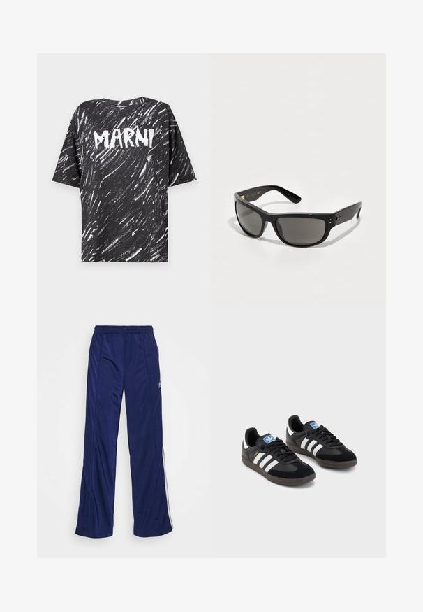 Black cotton oversized t-shirt with white streaked pattern and "MARNI" logo prominently displayed on the back. Short sleeves and round neckline.; Navy athletic pants with an elastic waistband, straight legs, and side zippers. Features white piping along the sides. Smooth fabric texture.; Black sneakers with a suede and synthetic upper, featuring three white stripes, textured rubber sole, and blue logo tag on the tongue.; Black sunglasses with dark grey lenses, featuring a sleek plastic frame, slightly angular design, and subtle gold detailing on the temple.