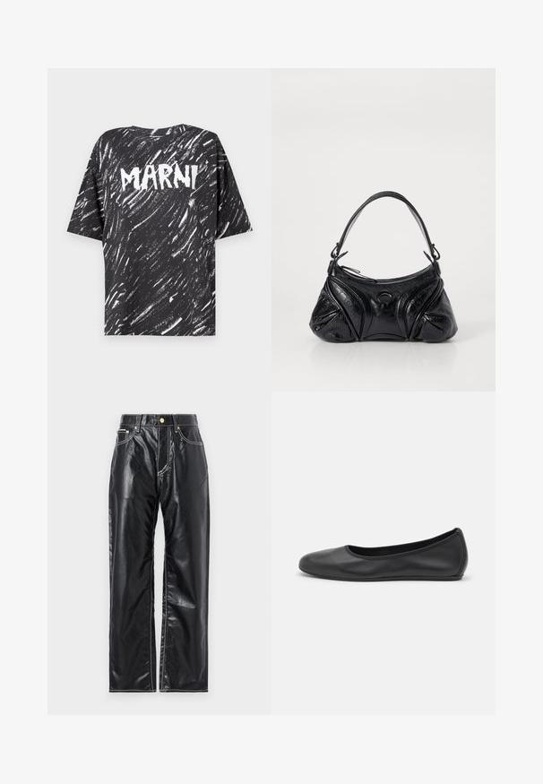 Melnas kokvilnas oversize T-krekls ar baltām svītrām un ar acu tīkami redzamu "MARNI" logotipu uz muguras. Īsas piedurknes un apaļa kakla izgriezums.; Melnas mākslīgās ādas bikses ar platu kāju griezumu, kurām ir baltas šuves, priekšējās kabatas un zelta pogas jostasvietā.; Melna ādas baleta kurpe ar noapaļotu purngalu, gludu tekstūru, minimālu šuvju detalizāciju un elastīgu zoles dizainu.; Melna soma, kas izgatavota no strukturētas ādas ar noapaļotu formu. Tajā ir plāna plecu siksna un dekoratīvi reljefi raksti.