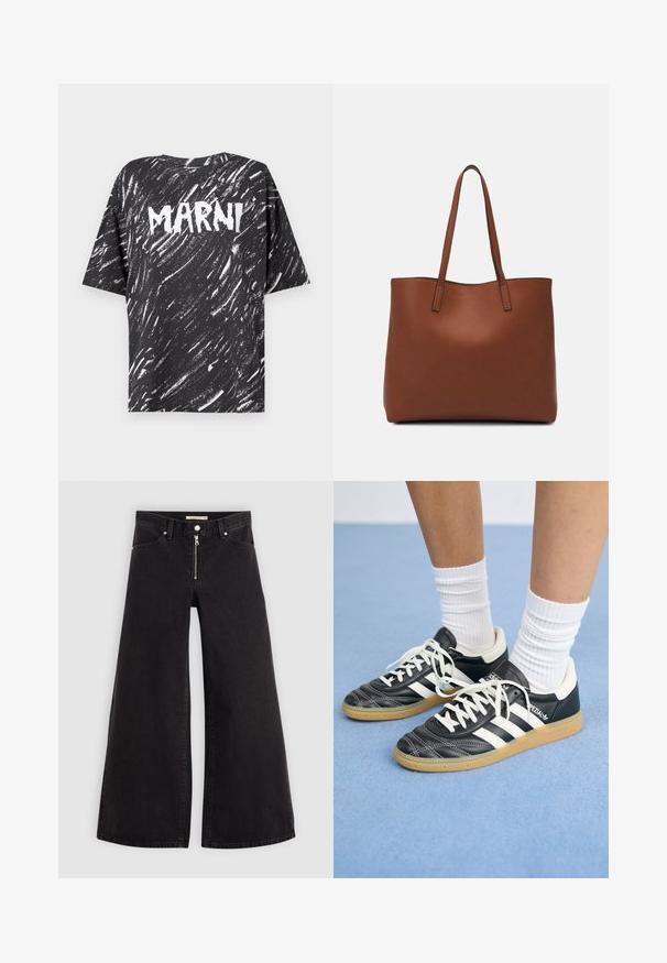 Black cotton oversized t-shirt with white streaked pattern and "MARNI" logo prominently displayed on the back. Short sleeves and round neckline.; Wide-leg jeans in black denim with a zippered front, five-pocket design, and subtle stitching details. Smooth texture and casual style.; Black leather sneakers with white stripes, round toe, white laces, and gum rubber sole. Accentuated by padded collar and branding details.; Brown leather tote bag with a smooth texture, open top design, and two shoulder straps. Features minimal stitching and no visible hardware.