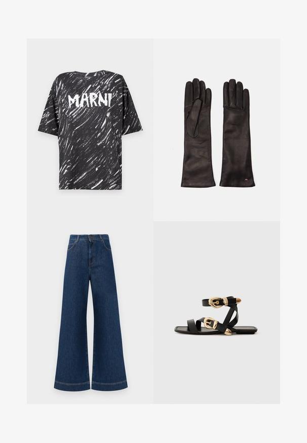Black cotton oversized t-shirt with white streaked pattern and "MARNI" logo prominently displayed on the back. Short sleeves and round neckline.; Wide-leg blue denim jeans with a high waist, featuring a button closure, belt loops, and subtle stitching details along the pockets and hems.; Black leather sandals with gold buckle accents, featuring multiple straps and a flat sole design for open-toe wear.; Weekend Max Mara SENAPE - Gloves - nero