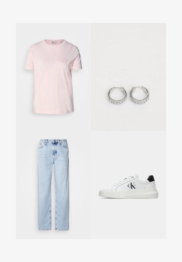Lyserød T-shirt lavet af bomuld med korte ærmer, rund halsudskæring og et lille broderet logo på venstre bryst.; Lyseblå brede jeans lavet af denim, med høj talje, falmet vask og subtil tie-dye mønster langs fronten.; Hvide lavtoppede sneakers med sort hælkænke, platformssål, snørebånd og Calvin Klein "CK" logo på siden.; Sølv hoop øreringe med et struktureret design, der har lodrette riller. Cirkelformede med en sikker lås. Glat finish.