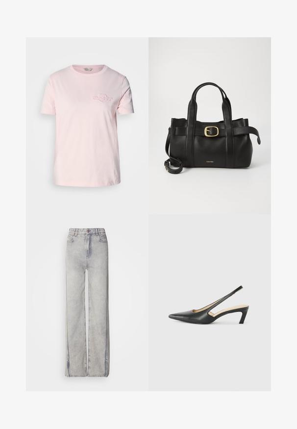Gaiši rozā T-krekls, kas izgatavots no kokvilnas, ar īsām piedurknēm, apaļo kakla izgriezumu un mazu izšūtu logotipu kreisajā krūtī.; Gaiši zili, plata kāju džinsi, izgatavoti no denima ar izbalējušu mazgāšanu, ar rāvējslēdzēja aizdari, piecām kabatām un kontrastējošu dūrienu.; Melna, ar smailu purngalu, slingback kurpe ar zemu papēdi, izgatavota no gludas ādas materiāla un ar izgriezumiem sānos gaisa caurlaidībai.; Melnas ādas rokassoma ar strukturētu dizainu, divām augšējām rokturām, zelta toņa sprādzes akcentu un iegravētu zīmola logo priekšpusē.