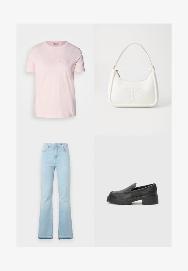 Világos rózsaszín, rövid ujjú, pamut póló, kerek nyakkal és egy kis hímzett logóval a bal mellen.; Világoskék, trapéz fazonú farmernadrág, magas derékkal, elülső zsebekkel és nyers szegéllyel a szárakon, amely laza megjelenést kölcsönöz.; Fekete bőr loafer cipők kerek orral, vastag, texturált talppal és minimális varrási részletekkel. Áramvonalas dizájn, látható fűzők vagy fém részek nélkül.; Fehér bőrtáska ívelt formájú, elöl feltűnő "CK" logóval, egyetlen vállpánttal. Cipzáras zárás a tetején.