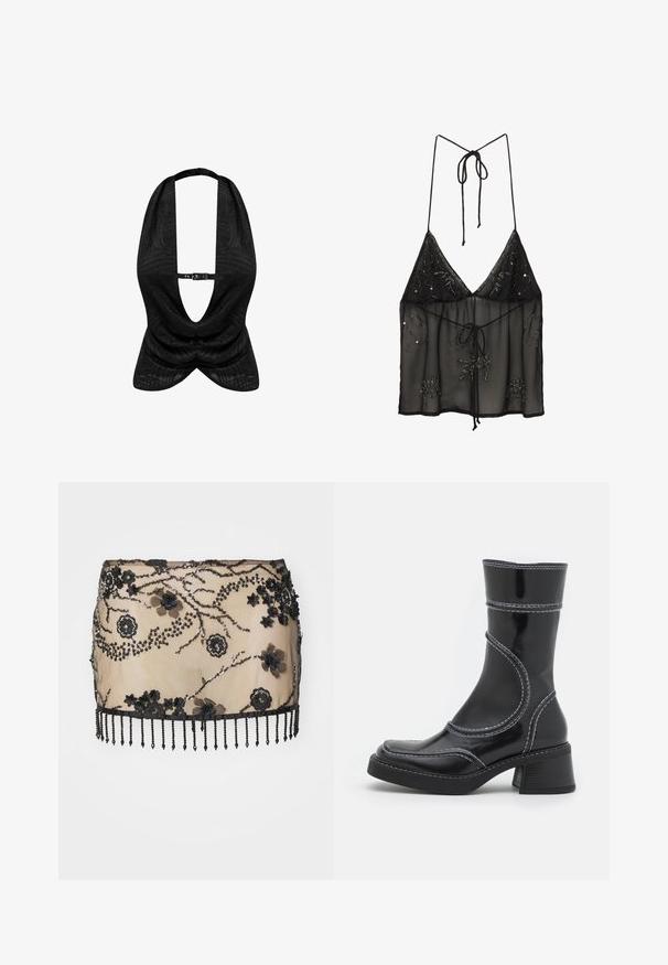 Musta halterneck-toppi, jossa on teksturoidut kuviot, syvä V-pääntie ja edessä oleva kiinnitys. Sujuva kangas ja laskostettu muotoilu.; Mustat läpikuultavat toppi ohuilla olkaimilla, joissa on kukkakoristeluja ja etusolki. Kevyt ja teksturoitu kangas.; Musta, koristeellinen mini-hame, jossa on kukka-appliquéja, paljetteja ja helmi-fringekuvio. Valmistettu läpikuultavasta materiaalista, jossa on monimutkaisia yksityiskohtia.; Musta lakattu nahkasaapas nilkkamallissa, jossa on valkoiset ompeleet, pyöreä kärki ja lohkarekorko. Ominaisuuksiin kuuluvat kaarevat muotoilulinjat ja sileä pinta.