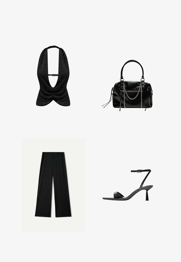 Zwarte haltertop met een gestructureerd patroon, diepe V-halslijn en een sluiting aan de voorkant. Glad materiaal met een gedrapeerd ontwerp.; Bershka WIDE - Broek - black; Bershka Sandalen met hoge hak - black; Bershka WITH CHAIN - Handtas - black
