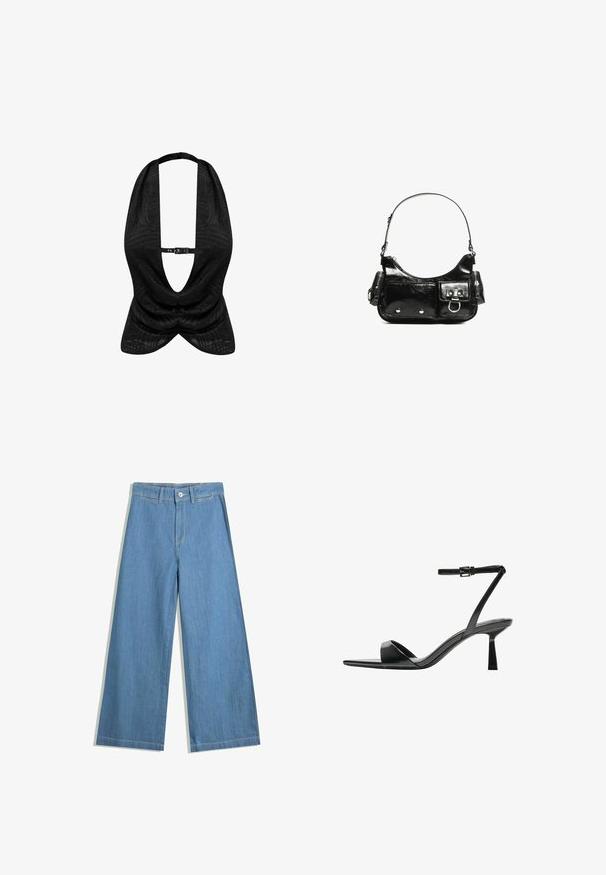 Sort halterneck-top med en tekstureret mønster, dyb V-udskæring og en lukning foran. Glat stof med draperet design.; Lyseblå vidde jeans lavet af denim, med knaplukning, bæltestropper og diskrete syninger.; Bershka Højhælede sandaletter / Højhælede sandaler - black; Sort patenteret læder håndtaske med en buet form, en skulderrem, frontlommer og hardware accenter i sølvfarve.