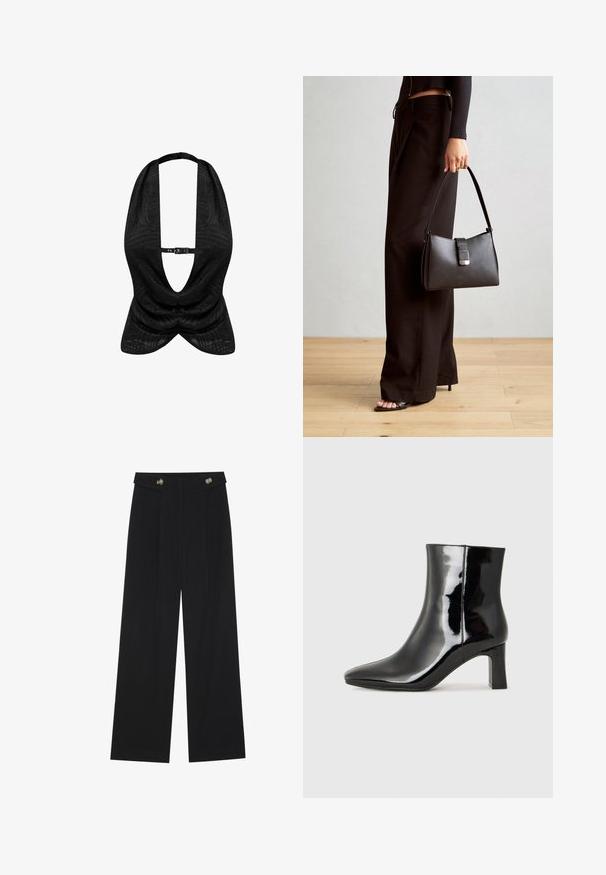 Schwarzes Trägershirt mit strukturiertem Muster, tiefem V-Ausschnitt und vornem Verschluss. Glattes Material mit drapiertem Design.; Schwarze weite Hosen mit hoher Taille, Knopfdetails am Bund und vorderen Falten.; Schwarzer Lackleder-Stiefelette mit spitzer Zehe und einem mittelhohen Blockabsatz. Glatte Textur und minimalistisches Design.; Schwarze Handtasche mit strukturierter Form, glatter Textur und einem metallischen Verschluss. Kombiniert mit weiten schwarzen Hosen und offenen Sandalen auf einem Holzboden.