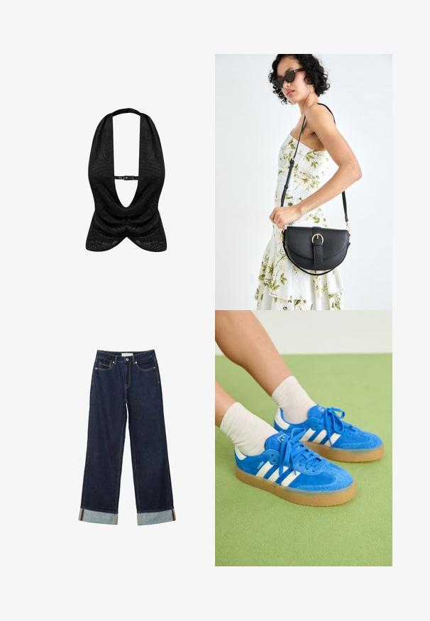Schwarzes Trägershirt mit strukturiertem Muster, tiefem V-Ausschnitt und vornem Verschluss. Glattes Material mit drapiertem Design.; Dunkelblaue, weit geschnittene Jeans mit hoher Taille, ausgestattet mit aufgerollten Säumen, Kontrastnähten und einem Fünf-Taschen-Design. Hergestellt aus Denim-Stoff.; Blaue Wildledersneaker mit weißen Streifen, Gummisohle, runder Zehenform und textilen Schnürsenkeln. Kombiniert mit cremefarbenen Socken auf einer grünen Fläche.; Schwarze Lederhandtasche mit geschwungener Form, abnehmbarem Tragegurt und goldenen Beschlägen. Die Tasche verfügt über einen Deckel mit einer Schnallen-Details.