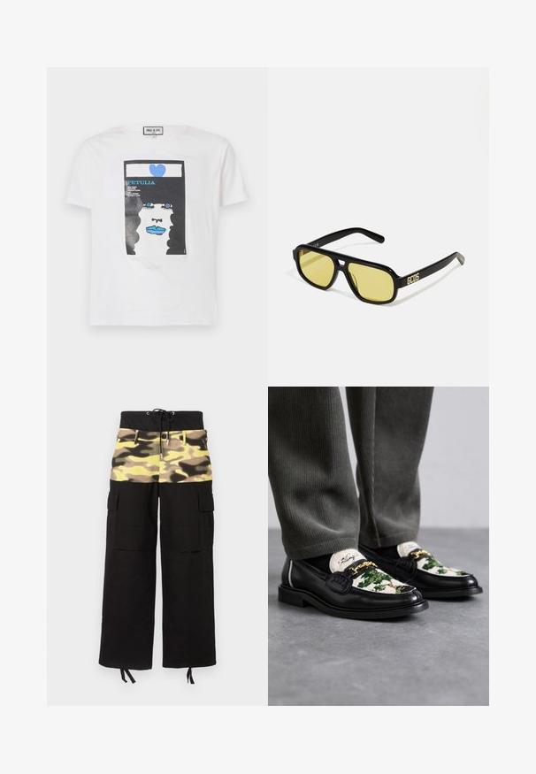 Fehér pamut póló, fekete göndör hajú arc grafikai nyomattal, kék ajkakkal és kék szívvel, szöveges elemekkel kiegészítve.; Kargópant, amely fekete szövetből készült, és sárga, zöld és barna árnyalatú kamuflázsmintás felső résszel rendelkezik; állítható derékpántot tartalmaz.; Fekete bőr mokaszinok zöld és fehér díszített textil felsőrésszel. Aranylánc díszítéssel és textúrált fekete talppal rendelkezik.; GCDS UNISEX - Napszemüvegek - shiny black