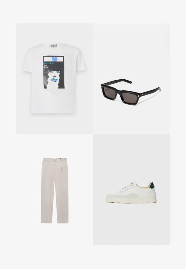Witte katoenen t-shirt met een grafische print van een gezicht met zwart krullend haar, blauwe lippen en een blauw hart, inclusief tekstfragmenten.; Lichtbeige broek van zachte stof, met een rechte snit, twee zijzakken en een knoopsluiting aan de voorkant. Lichtgewicht en gladde textuur.; Witte sneaker met suède accenten, ronde neus, platte veters en een crème rubberen zool. Bevat groene branding op de hiel.; Zwarte rechthoekige zonnebril met donkere lenzen, een dik plastic montuur, gouden accenten op de veren en het merkembleem gegraveerd op de arm.