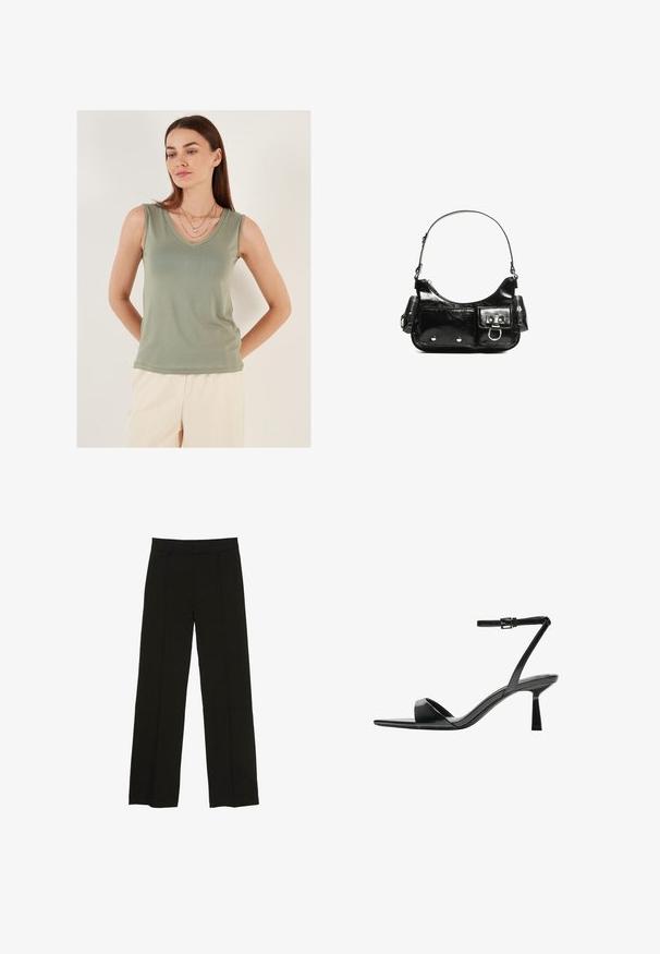 Hellgrünes ärmelloses Oberteil mit V-Ausschnitt. Glatter Stoff, figurbetonte Form und ohne sichtbare Muster. Das Model trägt zarte Halsketten dazu.; Schwarze weit geschnittene Hosen aus glattem Stoff, ausgestattet mit einem taillierten Bund und dezenten vorderen Falten für zusätzliche Struktur.; Bershka High Heel Sandalette - black; Schwarze Lackleder-Handtasche mit geschwungenem Design, einem Schulterriemen, Vordertaschen und silberfarbenen Hardware-Akzenten.