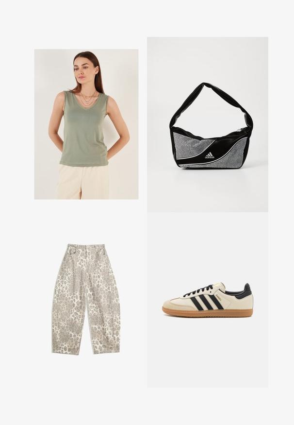 Světle zelený top bez rukávů s dekoltem do V. Hladká látka, přiléhavý střih a žádné viditelné vzory. Modelka oblečená v jemných náhrdelnících.; Kalhoty s leopardím potiskem v světle béžové barvě, s vysokým pasem, širokými nohavicemi a dvěma předními kapsami. Vyrobené z hladkého materiálu.; Beige sportovní obuv s černými pruhy, gumovou podešví a černými akcenty. Disponuje hladkým koženým svrškem a zaobleným tvarem špičky.; Černá a stříbrná taška adidas s hladkou texturou, vyznačující se lesklým hrotným vzorem a charakteristickým zakřiveným designem.