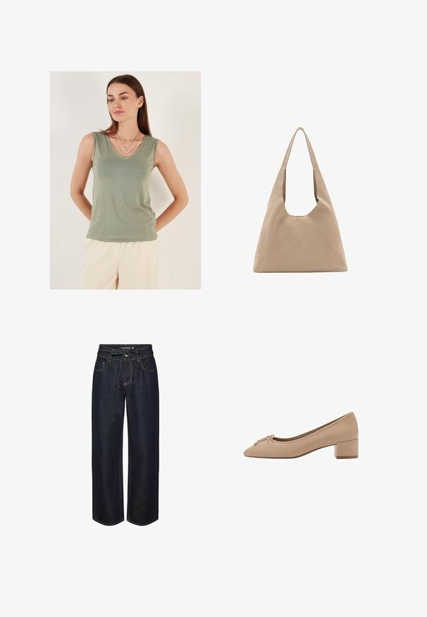 Light green sleeveless top with a V-neck design. Smooth fabric, fitted shape, and no visible patterns. Model layered with delicate necklaces.; Dark denim wide-leg jeans with a drawstring waist, featuring contrast stitching, front pockets, and a slightly loose fit.; Beige leather pump with a pointed toe, small bow detail on the front, and a square low heel. Smooth texture with minimal stitching.; Beige fabric tote bag with a unique triangular shape, wide shoulder straps, and visible seam details for added structure.