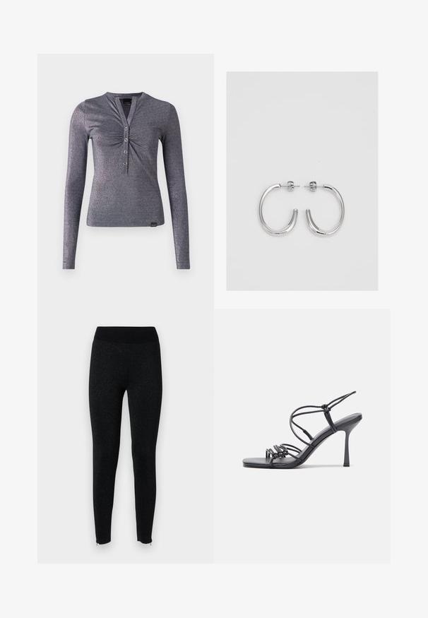 Hosszú ujjú, testhezálló felső fémes szürke bordás anyagból, henley-stílusú nyakkivágással és három dekoratív gombbal elöl.; Fekete leggings bordázott derékrésszel, texturált anyagból, diszkrét fényes felülettel, cipzárral a bokák mentén.; Fekete magas sarkú szandálok vékony pántokkal, csomózott mintával, sima négyzetes orral és karcsú stiletto sarkal rendelkeznek.; Ezüst karika fülbevalók sima, fényes felülettel. Lekerekített forma, könnyű kialakítással, tűs zárómechanizmussal.