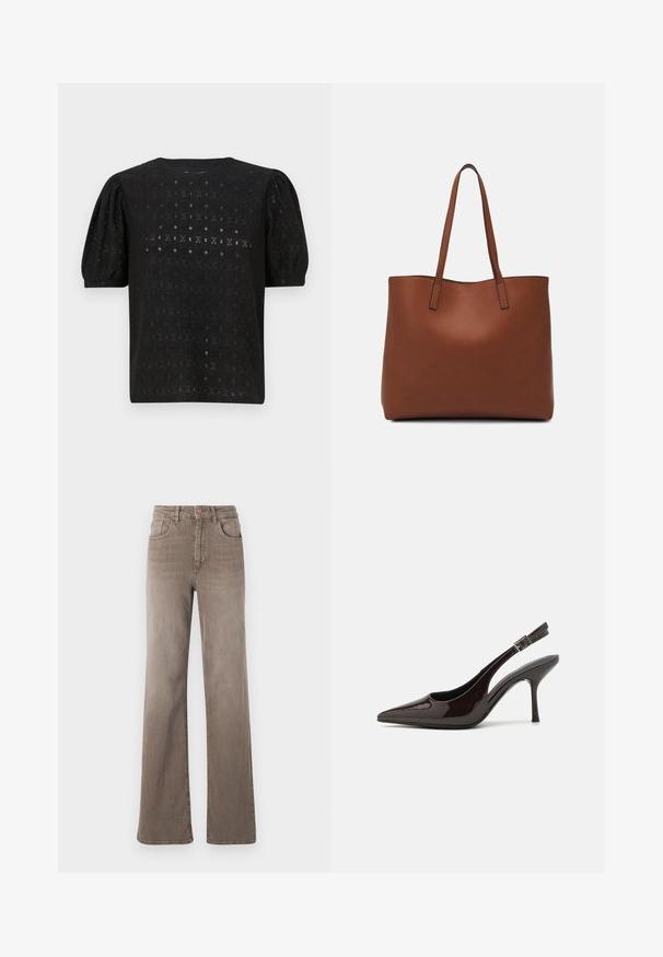 Haut noir brodé avec un col rond, des manches bouffantes et un motif ajouré complexe sur l'ensemble du tissu.; Jean taille haute droit marron avec bouton avant, passants de ceinture et design classique à cinq poches sur fond blanc.; Soulier à talons hauts type slingback en cuir verni marron foncé brillant, à bout pointu, côtés ouverts et bride de cheville réglable.; Sac fourre-tout en cuir marron avec une texture lisse, design à ouverture supérieure et deux poignées pour le porter à l'épaule. Présente des coutures minimales et aucun matériel visible.