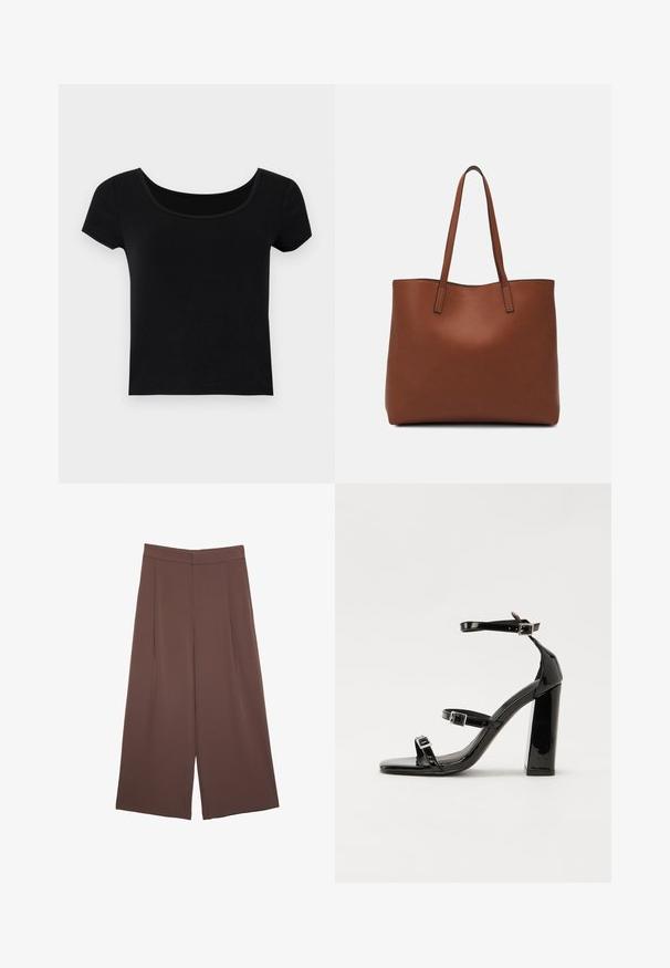 Black short-sleeve t-shirt with a wide scoop neckline, made from a soft, stretchy fabric, featuring a fitted cut and no additional patterns.; Brown wide-leg trousers with a smooth texture, featuring a high waist and front pleats. The fabric is lightweight and flows loosely.; Black patent heeled sandals with a square toe, ankle straps, and silver buckles. Features a chunky block heel for stability.; Brown leather tote bag with a smooth texture, open top design, and two shoulder straps. Features minimal stitching and no visible hardware.