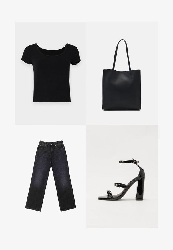 Schwarzes T-Shirt mit kurzen Ä sleeves und weitem Rundhalsausschnitt, aus einem weichen, dehnbaren Stoff gefertigt, mit figurschmeichelndem Schnitt und ohne zusätzliche Muster.; Hoch taillierte schwarze Jeans aus Denim mit weitem Bein, Fünf-Taschen-Design und sichtbaren Nähten. Der Stoff hat eine glatte, leicht strukturierte Oberfläche.; Schwarze patentierte Sandalen mit Absatz, quadratischer Spitze, Knöchelriemen und silbernen Schnallen. Mit einem stabilen Blockabsatz für mehr Stabilität.; Schwarze Laptoptasche aus Leder mit glatter Textur, rechteckiger Form und zwei langen Griffen. Keine sichtbaren Beschläge oder Verzierungen.