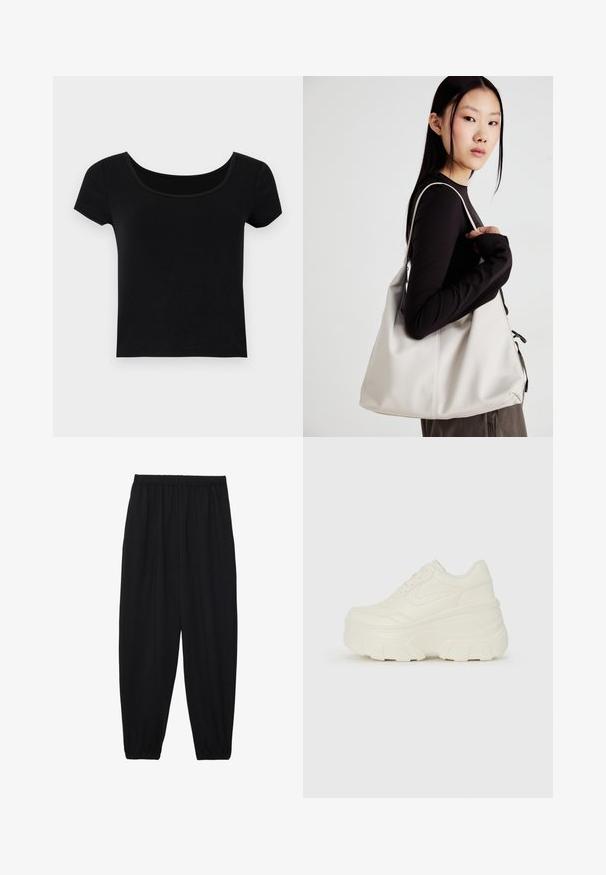Musta lyhythihainen t-paita, jossa on leveä pyöreä pääntie, valmistettu pehmeästä ja joustavasta kankaasta. T-paidassa on tiukka leikkaus eikä lisäkuvioita.; Mustat, kevyet housut, joissa on joustava vyötärö ja kerätyt nilkat. Kangas on sileä ja siinä on rento, kapeneva muotoilu.; Valkoiset tasapohjakengät, joissa on sileä nahkamainen päällinen, pyöristetty muoto, pehmustettu nilkkaosa ja texturoitu kumipohja, jossa on hyvin määritellyt urat.; Beige laukku, joka on valmistettu pehmeästä materiaalista, ja siinä on rento muotoilu, ommeltu yksityiskohtia ja kaksi olkahihnaa. Sopii päivittäiseen käyttöön.