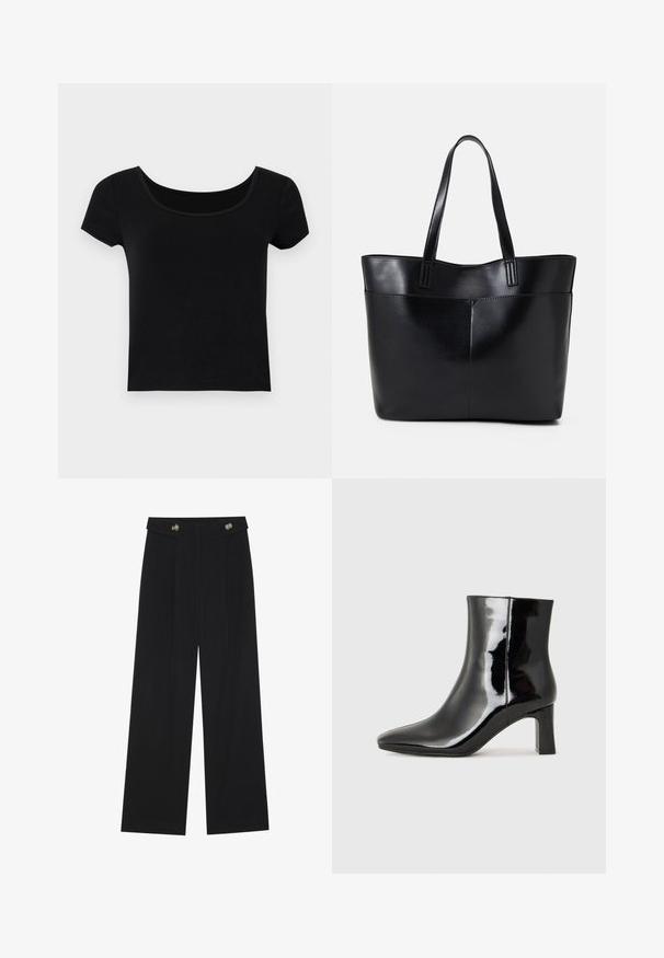 Schwarzes T-Shirt mit kurzen Ä sleeves und weitem Rundhalsausschnitt, aus einem weichen, dehnbaren Stoff gefertigt, mit figurschmeichelndem Schnitt und ohne zusätzliche Muster.; Schwarze weite Hosen mit hoher Taille, Knopfdetails am Bund und vorderen Falten.; Schwarzer Lackleder-Stiefelette mit spitzer Zehe und einem mittelhohen Blockabsatz. Glatte Textur und minimalistisches Design.; Schwarze Leder-Shopper-Tasche mit zwei langen Griffen, einer glatten Textur und einer strukturierten Form. Verfügt über eine Vordertasche für zusätzlichen Stauraum.