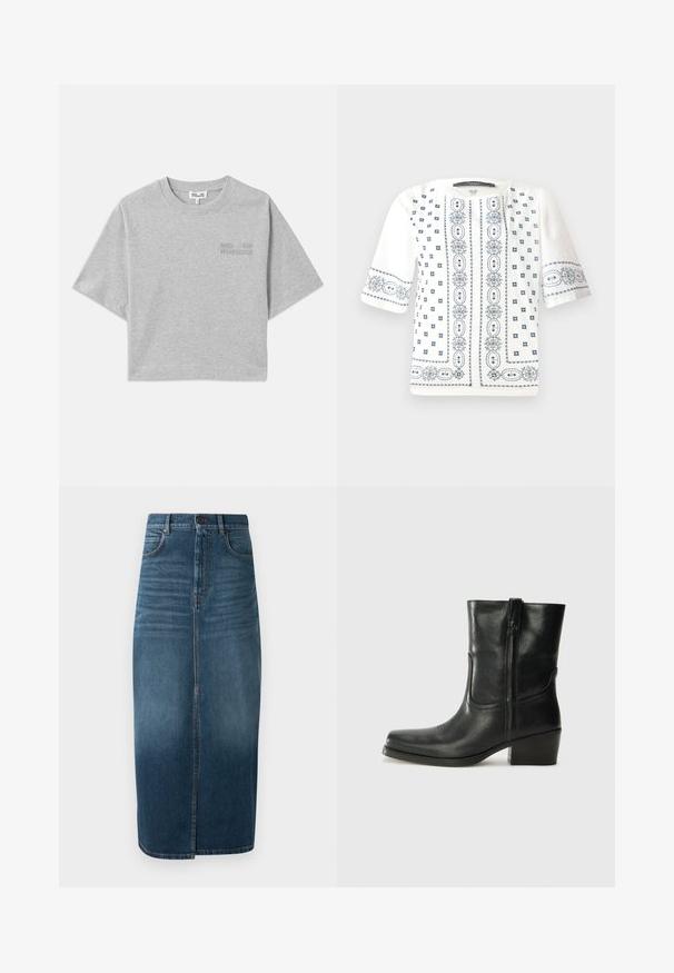 Grey cropped t-shirt with short sleeves, made from soft cotton. Features a subtle embossed logo on the front and a round neckline.; White short-sleeve blouse featuring blue floral embroidery, a round neckline, and intricate patterns along the front and sleeves.; Denim midi skirt in dark indigo, featuring a front split and slight fade. Classic five-pocket design with metal button closure.; Black leather ankle boot with a rounded toe, block heel, side zipper, and stitching accents on the vamp. Smooth texture, classic design.
