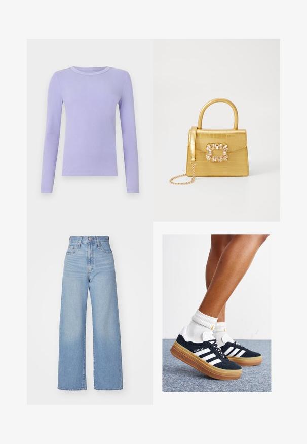 GAP ESSENTIAL - Bluză cu mânecă lungă - warm violet; Jeans cu talie înaltă, de culoare albastru deschis, cu croială largă, dotate cu nasture și fermoar la față, buzunare în față și spate, pe un fundal alb.; Adidași negri din piele întoarsă cu dungi și accente albe, vârf rotund, talpă de cauciuc gumă, asortați cu șosete albe cu model nervurat.; Geantă galbenă din faux-crocodil cu un design structurat, mână superioară, curea detașabilă cu lanț și embellisment decorativ cu cristale pe închidere.