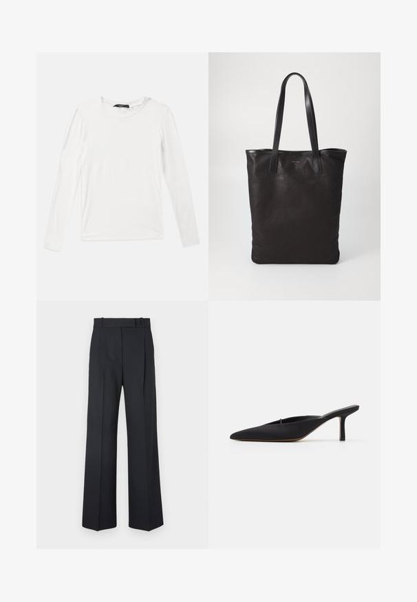 White long-sleeve T-shirt made of soft fabric, featuring a classic crew neckline and a relaxed fit, with no visible patterns or accents.; Dark blue pinstriped trousers with a high waist, wide leg design, and no visible hardware or embellishments. Smooth texture and tailored fit.; Black pointed-toe mule with a sleek design, made of smooth fabric, featuring a slender heel and open back for easy wear.; Black canvas tote bag with black leather handles. Simple design, spacious body, and a smooth texture. No visible logos or patterns.