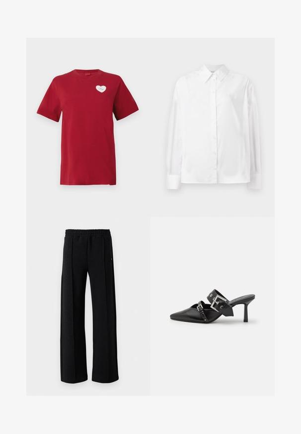 Punase lühikese varrukaga T-särk, mille vasakul rinnal on väike valge südameplekk, millel on sõna "Hugo."; Valge pikka varrukat nuppude jaotuse särk, mis on valmistatud siledast puuvillasegust. Omab klassikalist krae, ees nuppude sulgemist ja ümarate mansettidega.; Mustad sirged püksid elastse vöökoha ja peene tekstuuriga mustril kogu kanga ulatuses valgel taustal.; Mustad mustad kõrged kontsad, terava toe ja siledast nahast. Omab laia pahkluu rihma ruudukujulise hõbedase klambri ja nurgakujuliste naeltega.