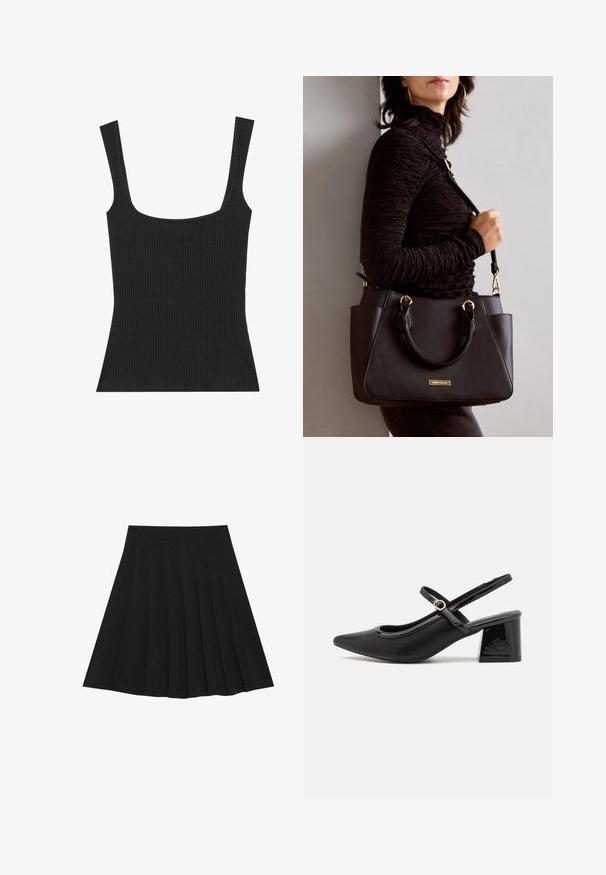 Melna ribota topa krekls ar kvadrātveida izgriezumu un šaurām, regulējamām siksnām. Audumam ir strukturēts raksts un pieguļoša forma.; Melna plisētā svārku ir izgatavota no teksturēta auduma ar ietilpīgu jostasvietu. Svārki ir līdz ceļiem un tiem ir gluda, tīra silueta.; Melns patentēts ādas sandales ar norādīta pirksta formu, noapaļotu izgriezuma dizainu un bloķētu papēdi. Iezīmēta ar zelta toņa sprādzi.; Melnā rokassoma ar teksturētu virsmu, diviem augšējiem rokturiem un regulējamu pleca siksnu. Iespējas ar zelta krāsas aparatūru un sānu kabatām.